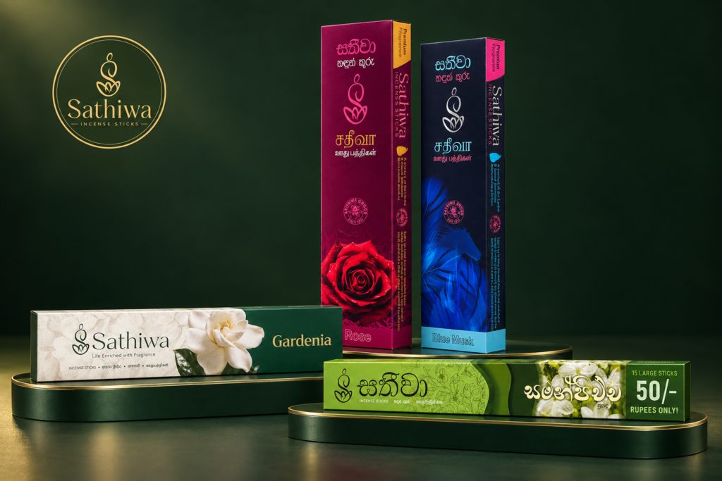 Sathiwa Rose, Blue Musk, Gardenia and Jasmine incense sticks on a green and gold display